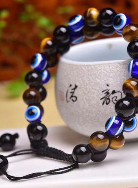 天然多宝8mm手链搭配黑玛瑙黄虎圆珠纯手工制作