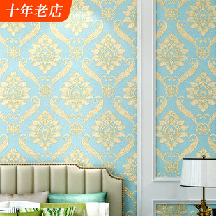 非自粘家用卧室客厅壁纸 蓝色欧式 大马士革大花奢华3d立体墙纸新款