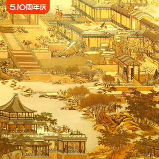 新中式 中国复古风格 仿古典禅意墙纸金箔金色金黄色清明上河图壁纸