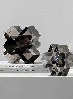 HEDU轻奢几何十字水晶立体书镇摆件现代样板间书房桌面软装饰品