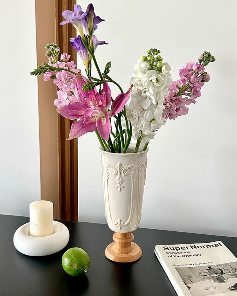 HEDU法式浮雕白色创意陶瓷木底花瓶客厅玄关家居酒店餐厅柜装饰