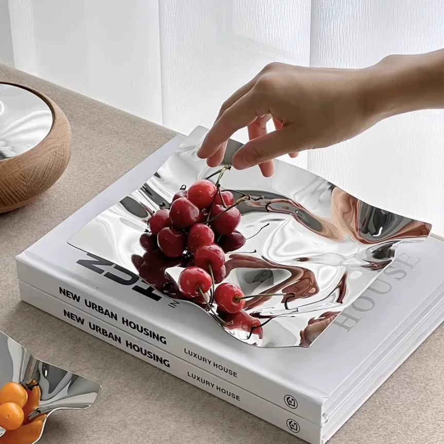 HEDU银色304不锈钢果盘高级感轻奢客厅茶几盘零食摆件收纳托盘
