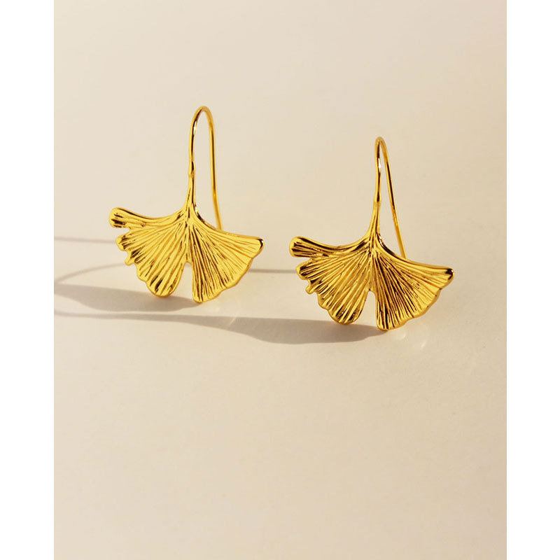 黄铜镀真金欧美夸张个性金属银杏叶耳环女复古冷淡风扇形耳饰334