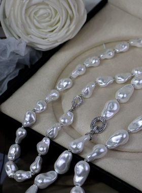 波光粼粼极光银蓝细闪不规则巴洛克珍珠项链轻奢时尚极光水滴套装