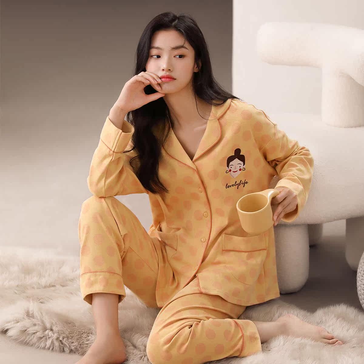 安之伴女士睡衣春秋款纯棉开衫休闲甜美可爱家居服长袖套装可外穿