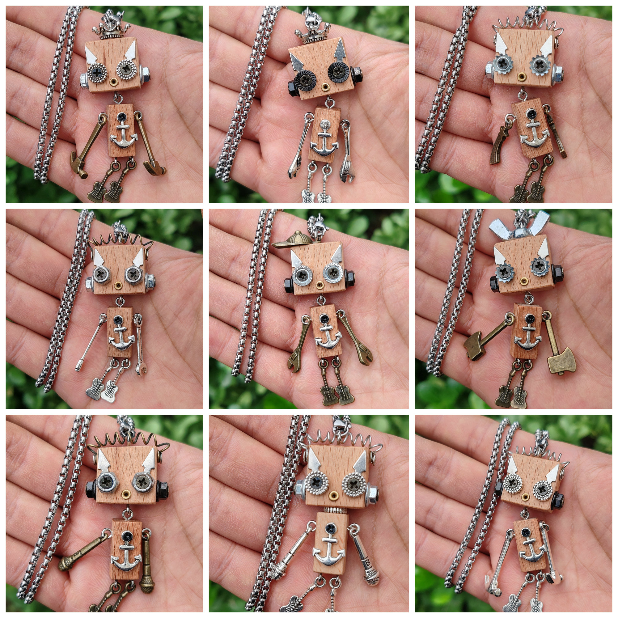 手工制作成品木块机器人项链