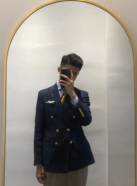 新款定制海军蓝贝雷泽双排扣男士西服枪驳领青春流行亚麻蓝色西装