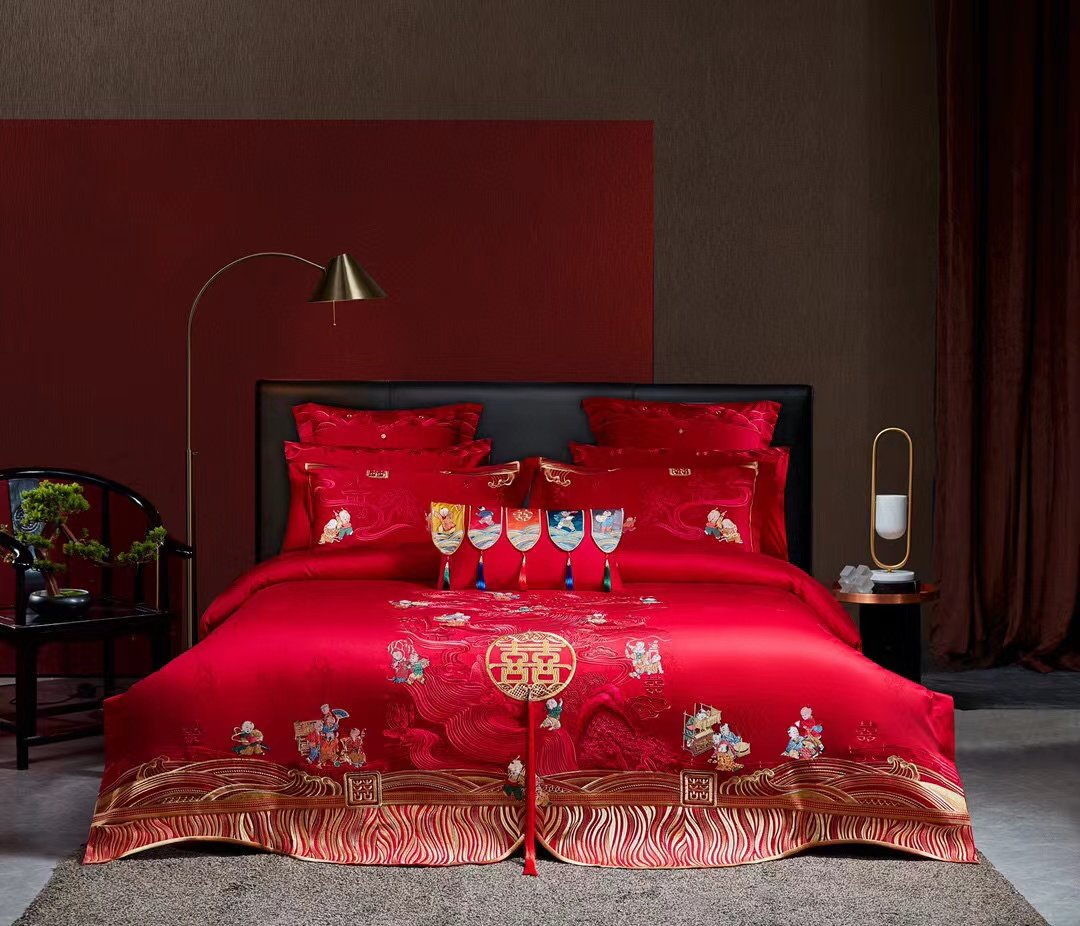 刘大姐家 婚庆四件套120支纯棉【欢喜百子】全棉刺绣结婚床上用品,床上用品,婚庆床品套件,淘宝优惠券,粉丝福利购,淘宝优惠卷