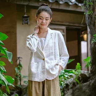 棉麻女装 春夏新品文艺休闲砂洗上衣外搭 女士西服领亚麻短款外套