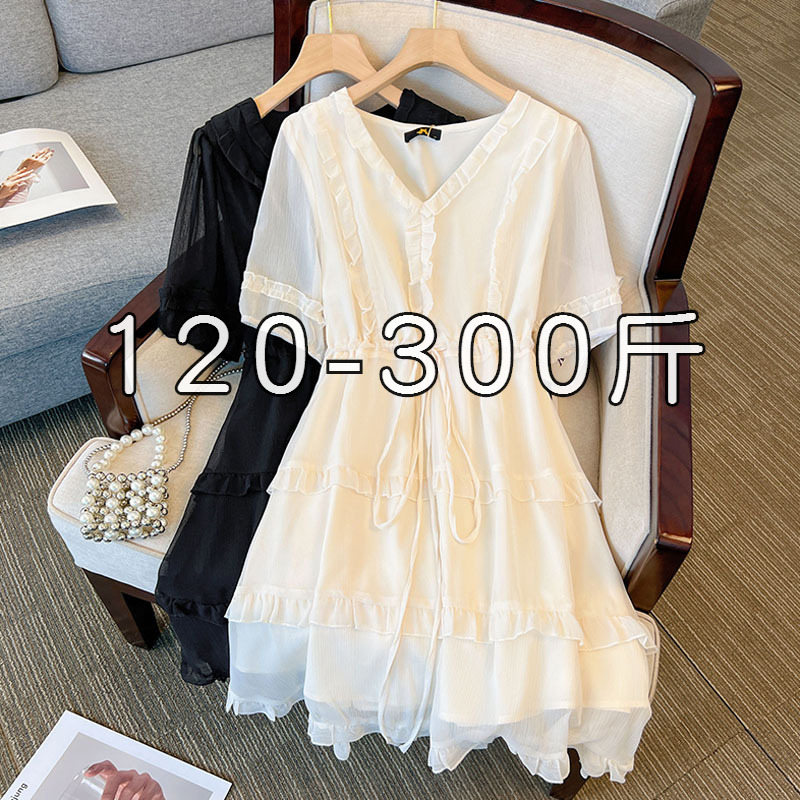 特大碼v領連衣裙200斤夏季蛋糕裙