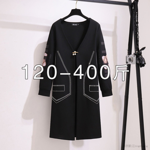 气质v领风衣200胖妹妹开衫 300胖mm秋冬中长款 外套 400斤女装 特大码