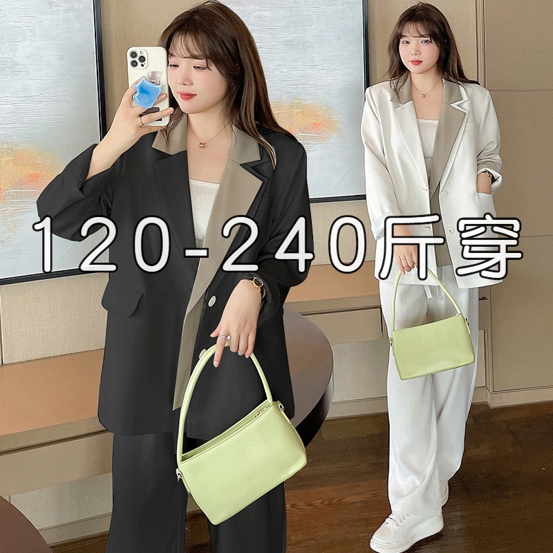胖mm特大码撞色西装外套西裤套装