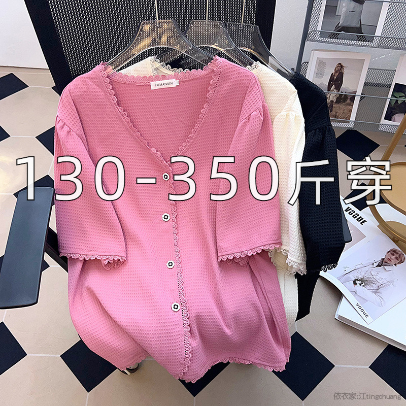 300斤大码短袖t恤小香风开衫上衣
