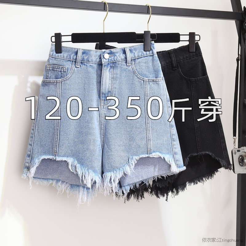 胖MM夏季时尚毛边阔腿牛仔短裤女