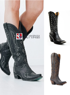 美国直邮代购Corral DanPost刺绣真皮高筒西部牛仔靴黑色合集