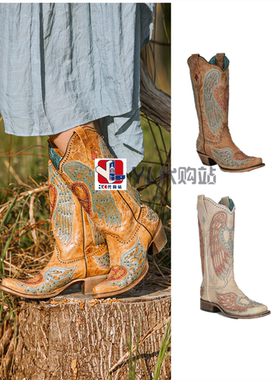 美国直邮代购Corral刺绣真皮心形天使翼中高筒尖头方头西部牛仔靴