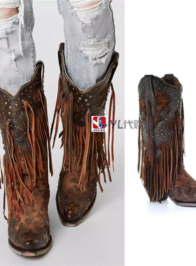 美国直邮代购Corral流苏豹纹铆钉方尖头中高筒真皮靴夏西部牛仔靴