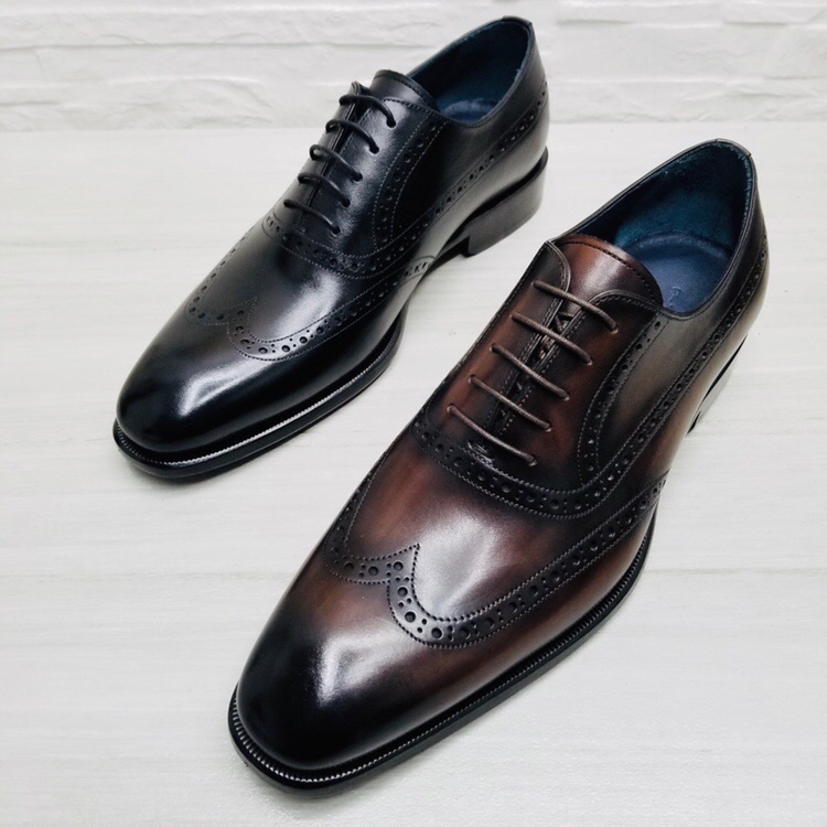 意大利布洛克雕花男鞋英伦尖头皮鞋皮底擦色头层牛皮牛津鞋结婚男