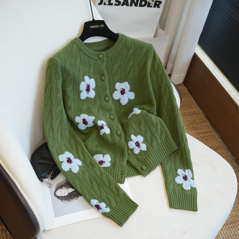绝了！！穿N年也不过时~法式超重工纹理花朵提花羊毛针织开衫女秋