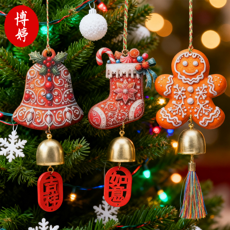 圣诞节木牌铃铛流苏挂件节日派对店铺橱窗装饰手工创意风铃小挂饰