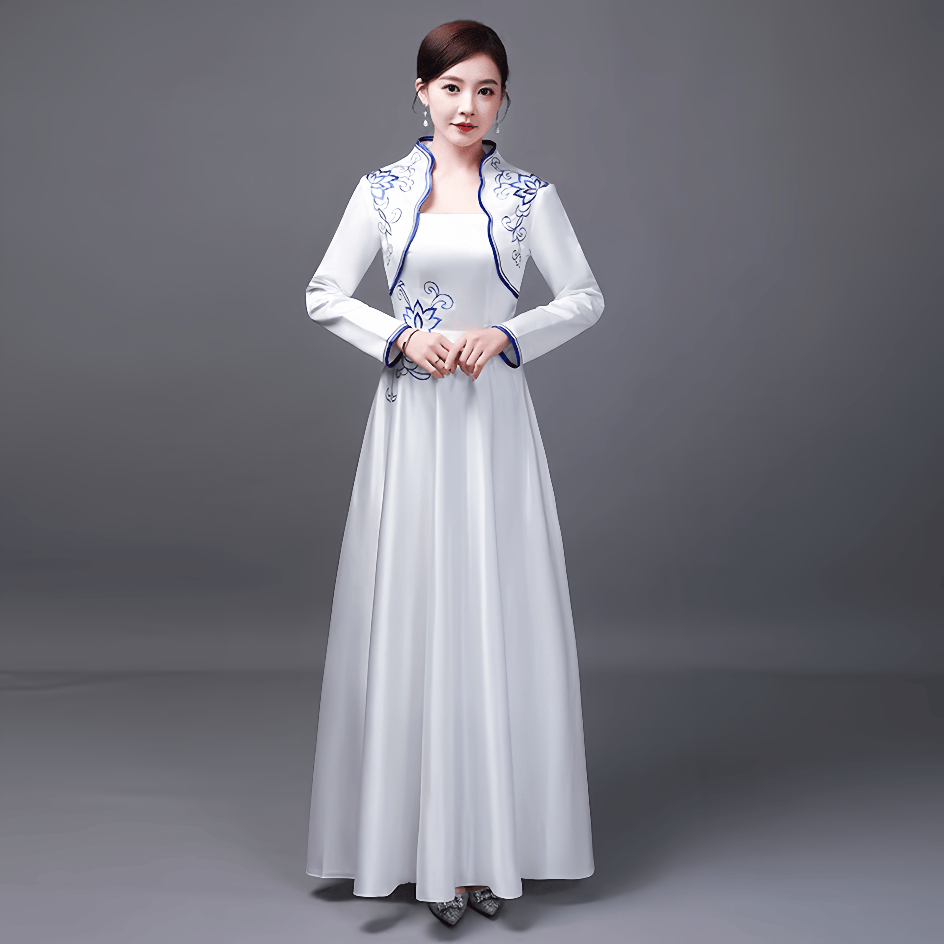 出租古筝演出服女成人中国风颁奖礼仪服装白色旗袍裙优雅气质礼服