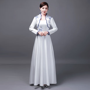 出租古筝演出服女成人中国风颁奖礼仪服装白色旗袍裙优雅气质礼服