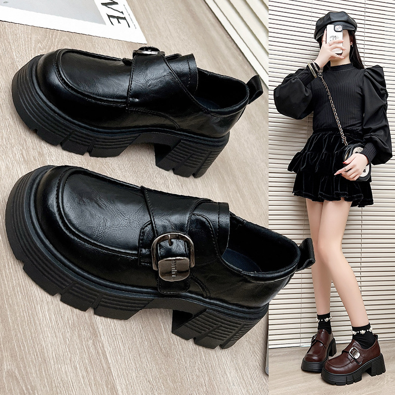 厚底小皮鞋女2025新款春季英伦复古黑色配裙子增高jk一脚蹬乐福鞋