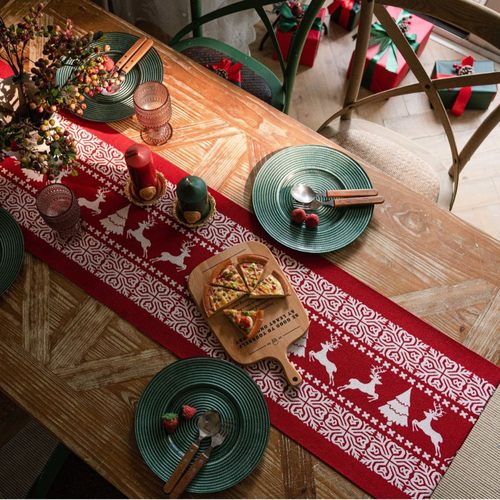 圣诞桌旗节日装饰氛围感长条桌布流苏色织提花茶几盖布美式复古风