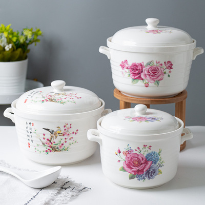 9QXC新品陶瓷双耳带盖厨房猪油储物罐家用调味瓶罐微波炉汤碗品锅