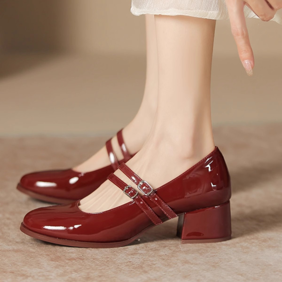 旗袍订婚鞋双带玛丽珍小皮鞋粗跟复古高跟鞋红色鞋子中式汉服