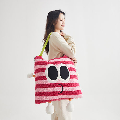 2025新款法莱绒羊羔绒提花抱枕毯-大眼怪 50*50cm 大眼怪 红条纹