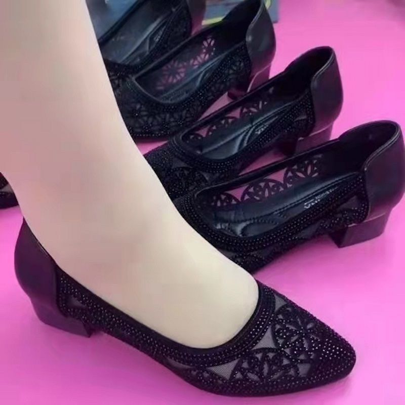 粗跟网面透气妈妈鞋浅口一脚蹬乐福鞋2025夏季新款通勤外贸女单鞋