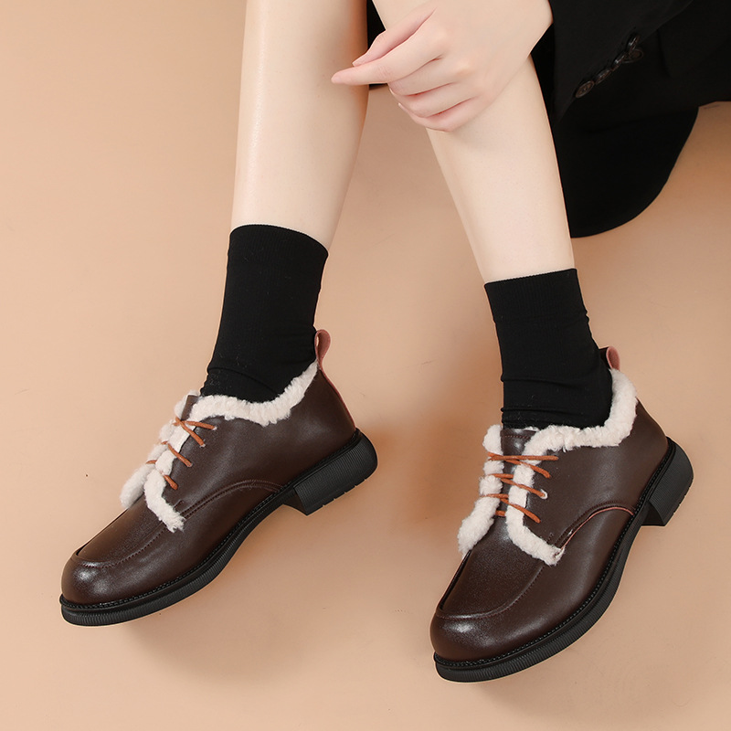 软皮秋冬季女单鞋加绒棉皮鞋软底深口套脚乐福鞋中跟妈妈鞋子保暖