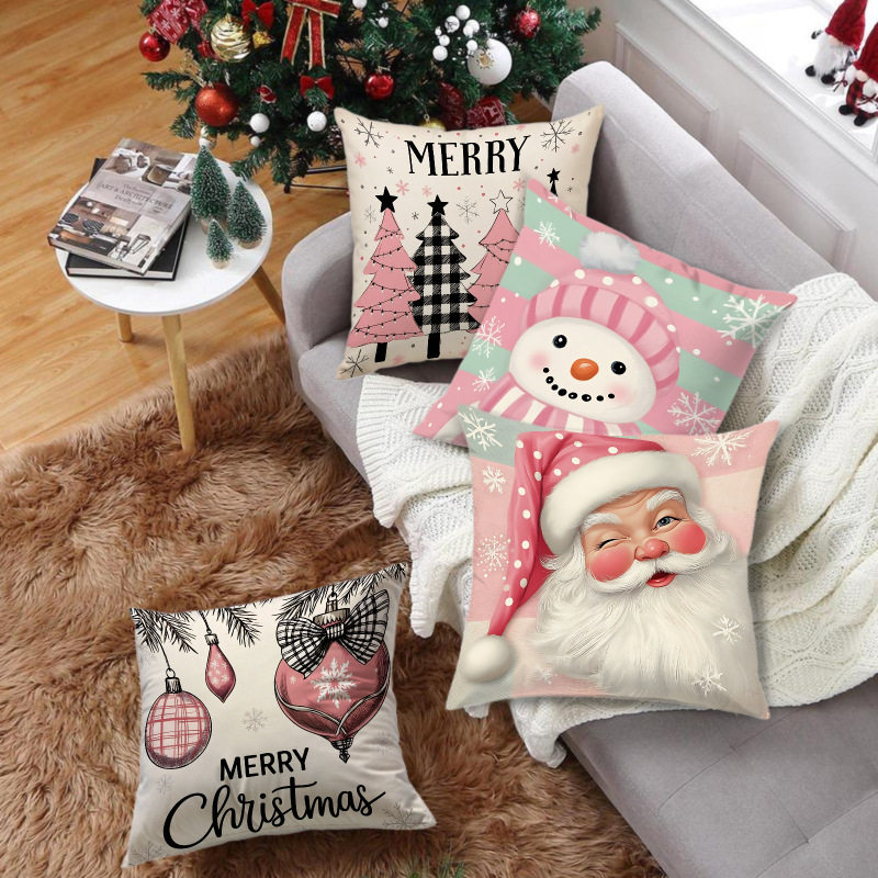 欧美圣诞印花抱枕套可爱圣诞老人礼物雪人时尚装饰亚麻毛绒靠枕套
