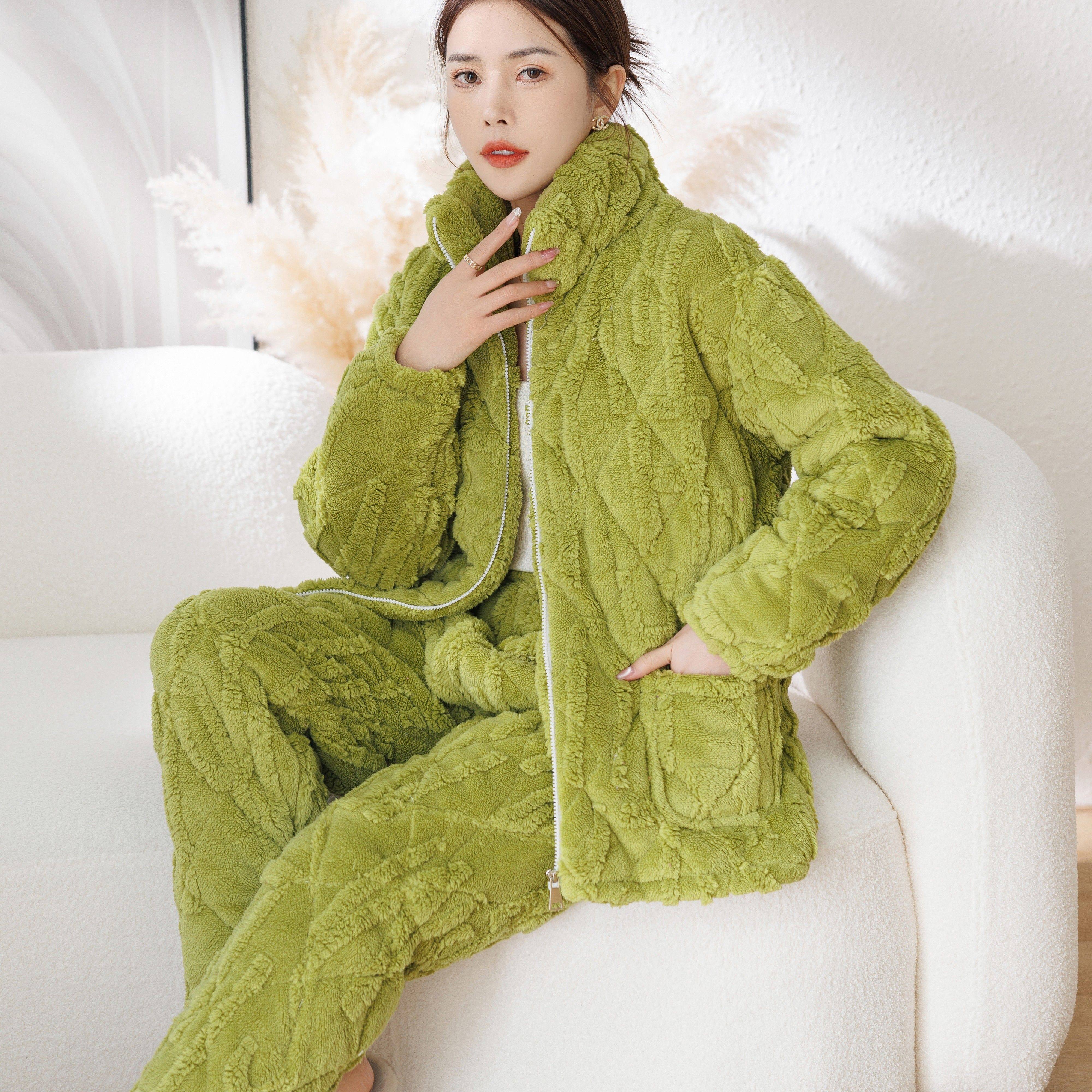 冬季女夹棉加厚三层保暖睡衣法兰绒家居服棉袄中老年妈妈款外出穿