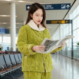 冬季女生棉衣套装三层夹棉加厚保暖女家居服法兰绒超睡衣外出可穿