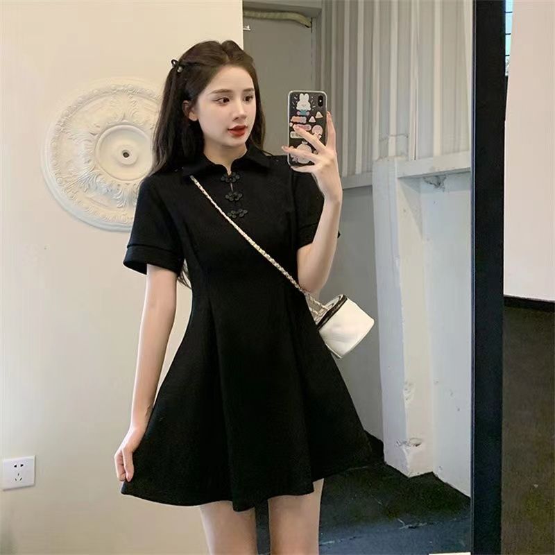气质黑色小个显瘦改良旗袍A字裙