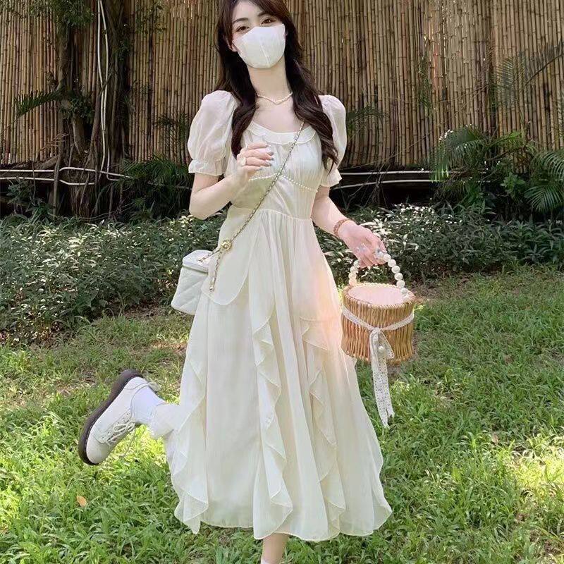 法式短袖雪纺连衣裙夏季