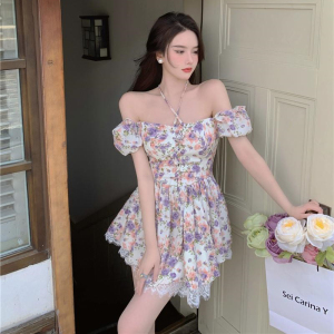 2026夏季显高气质高级感名媛纯欲一字领小个子雪山碎花雪纺连衣裙