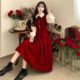 秋冬新款法式假两件赫本风时尚长袖polo大码收腰显瘦设计感连衣裙