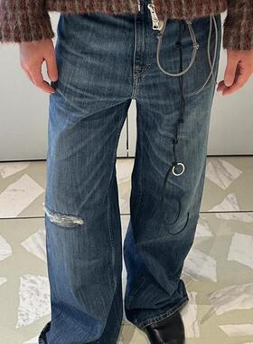 Legacy风格 VAST CUT蓝色破洞水洗水波纹做旧复古直筒男女牛仔裤
