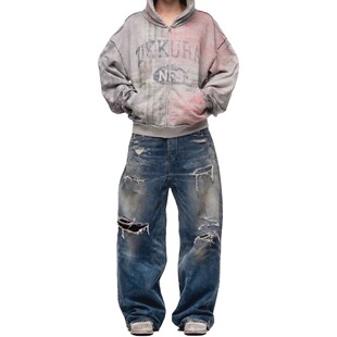 重工款 Nofaith破洞水洗蓝色刀割磨烂补丁 小众loose baggy牛仔裤