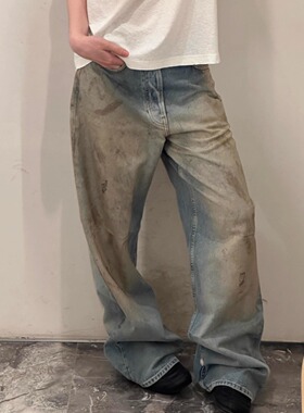 Ac风格1981M铆钉皮口袋水洗做旧手工宽松泥染脏脏裤男女牛仔裤
