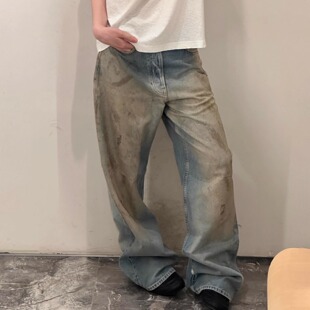 Ac风格1981M铆钉皮口袋水洗做旧手工宽松泥染脏脏裤男女牛仔裤