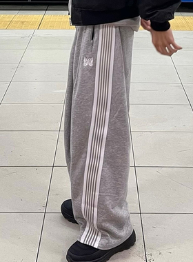 Needles 24AW LHP刺绣蝴蝶HD胖胖裤宽版灰色阔腿运动卫裤休闲长裤