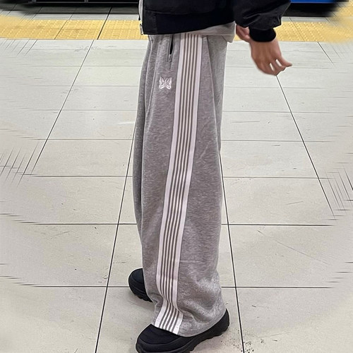 Needles 24AW LHP刺绣蝴蝶HD胖胖裤宽版灰色阔腿运动卫裤休闲长裤