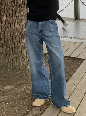 Ac风格2021M深蓝色水洗做旧磨破休闲宽松微喇直筒男女牛仔裤潮流