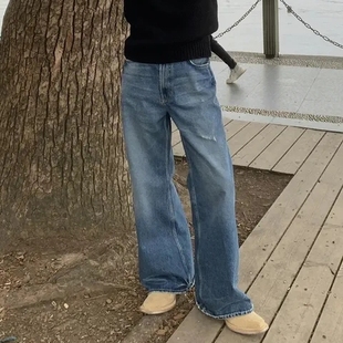 Ac风格 潮流 2021M深蓝色水洗做旧磨破休闲宽松微喇直筒男女牛仔裤