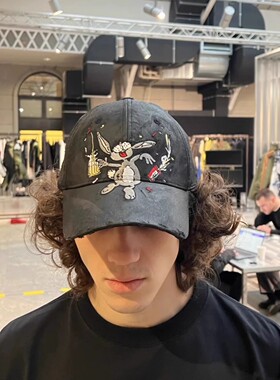 Martine rose兔八哥刺绣水洗做旧破洞牛仔复古ins鸭舌帽棒球帽子