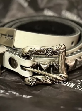 ERD忧郁的富二代复古朋克个性白色铆钉真皮做旧雕花腰带皮带男女